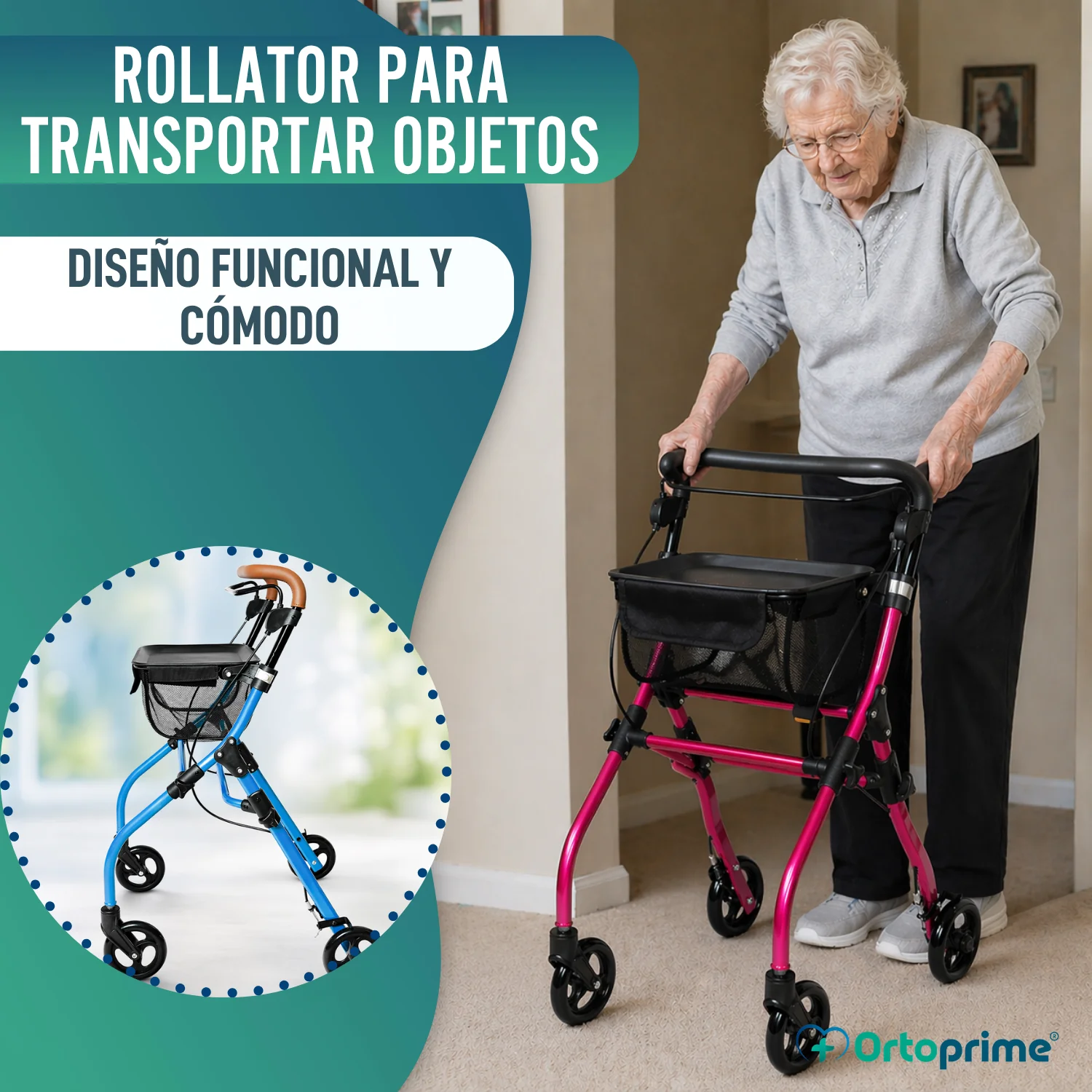 Andador Rollator Plegable de Interior con Bandeja Portaobjetos - Image 3