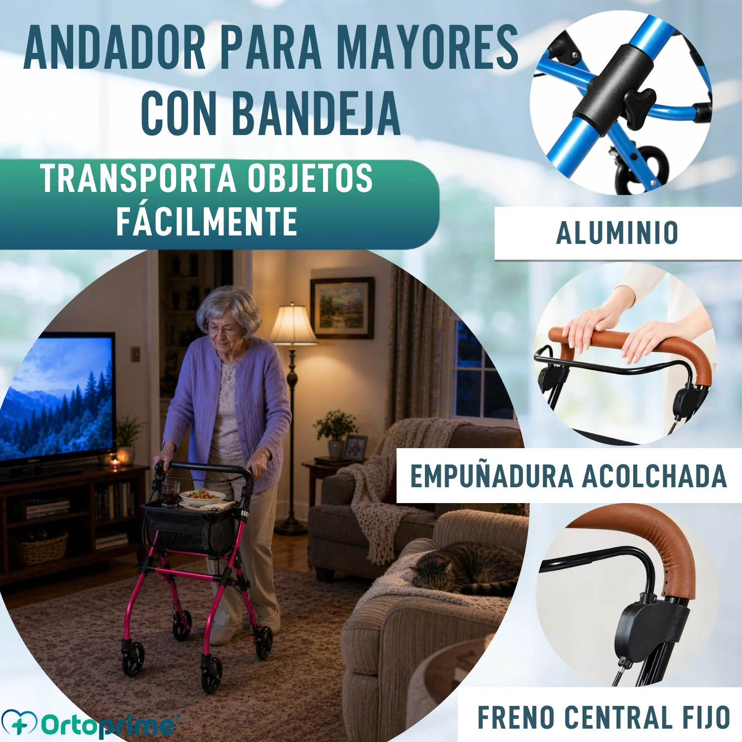 Andador Rollator Plegable de Interior con Bandeja Portaobjetos - Image 4