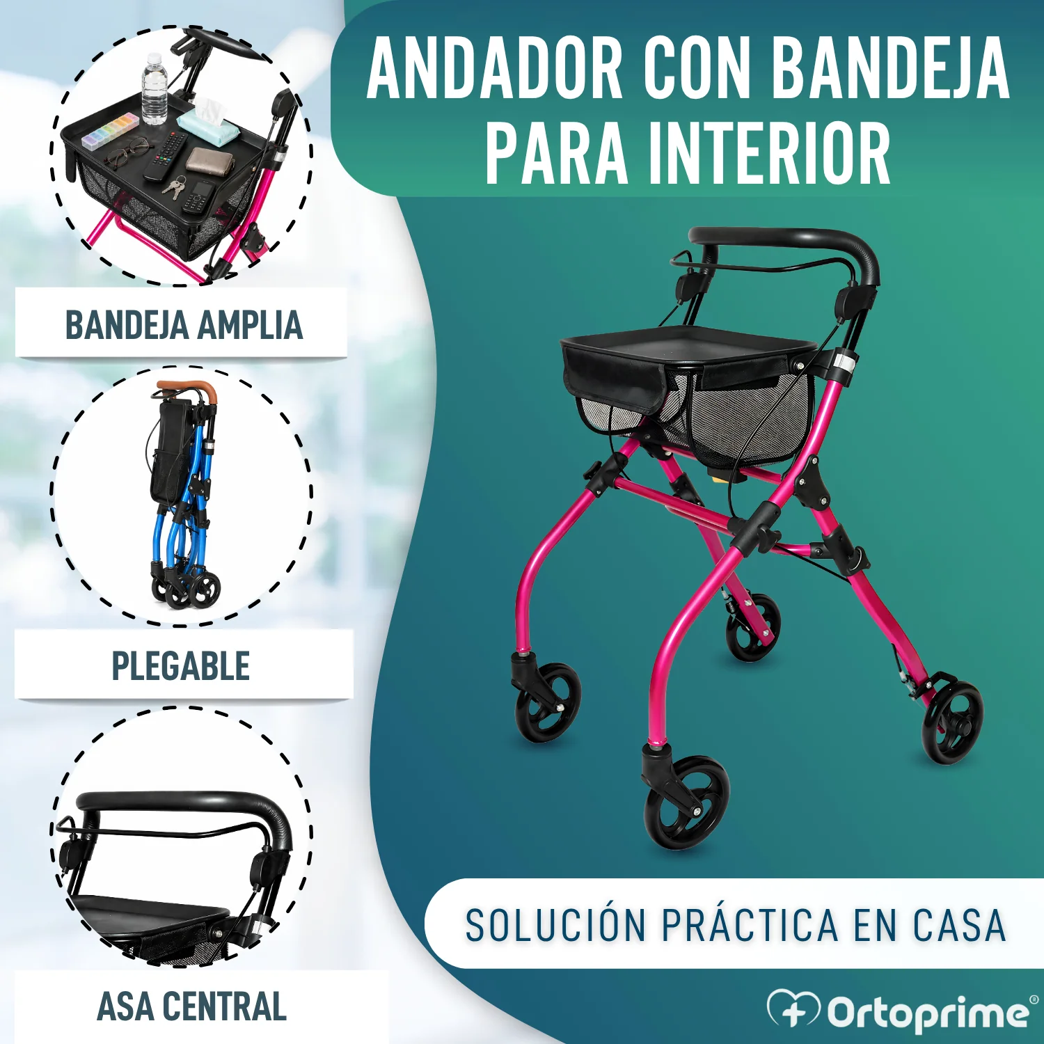 Andador Rollator Plegable de Interior con Bandeja Portaobjetos - Image 6