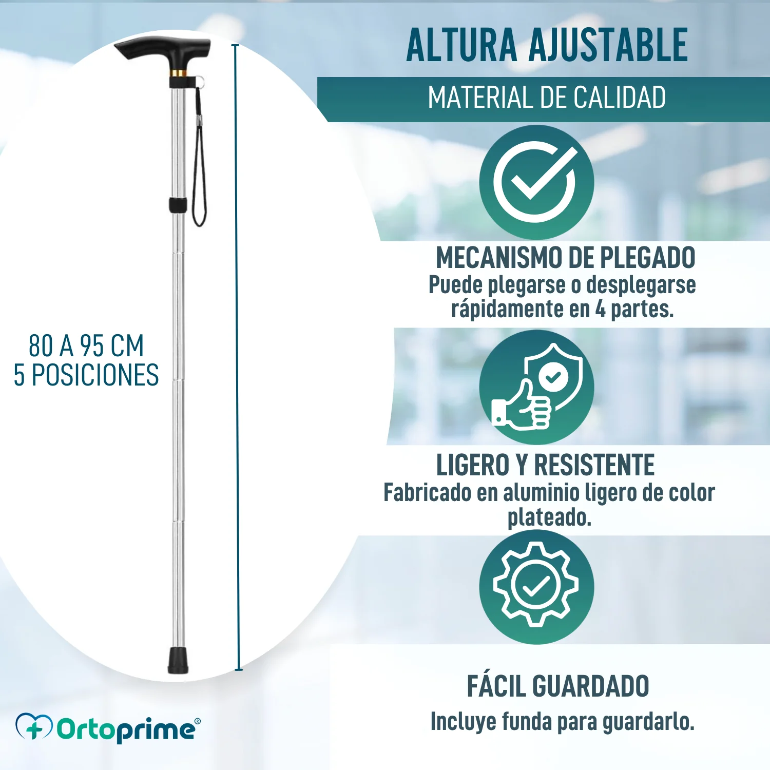 Bastón Ortopédico para Caminar Extensible | Plateado - Image 2
