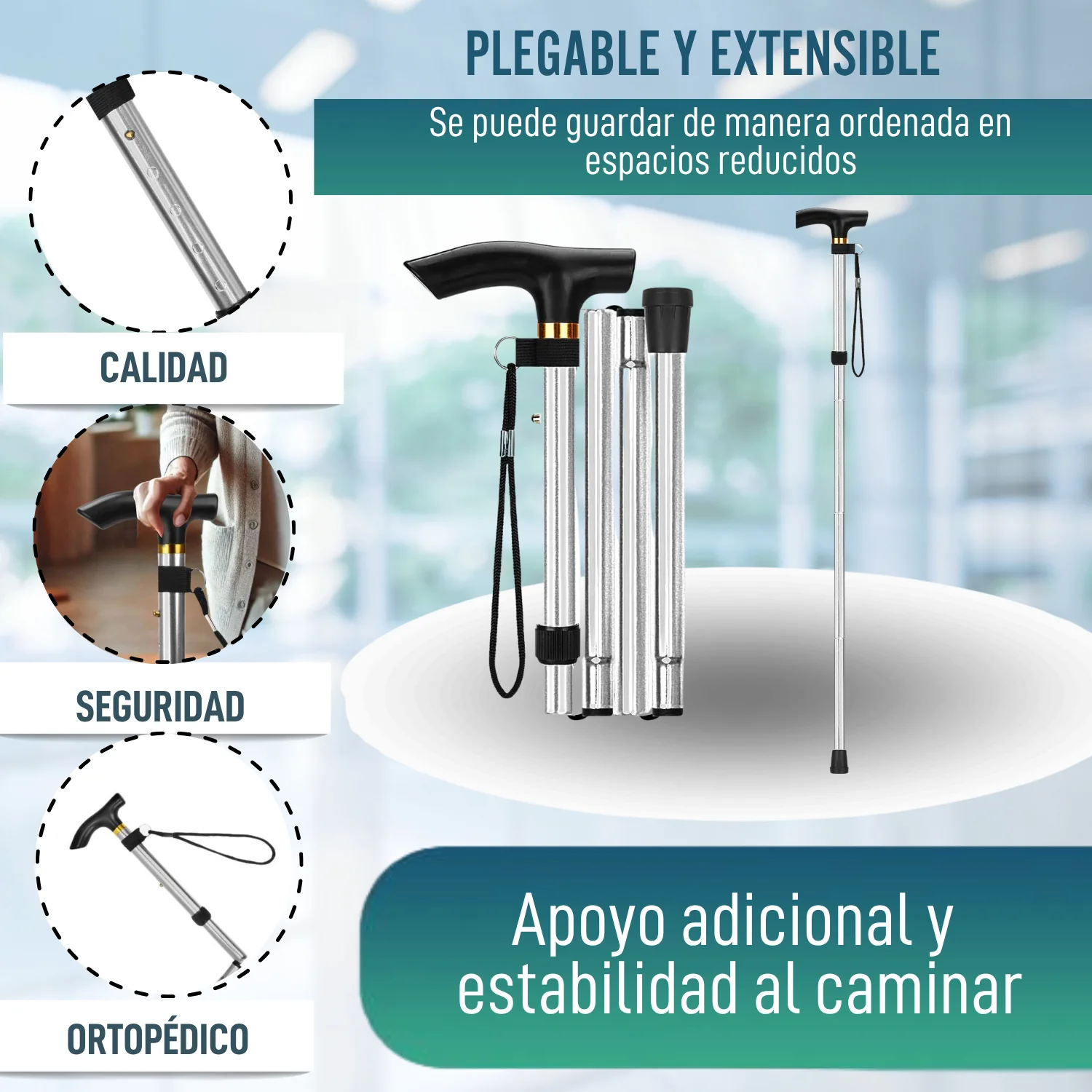 Bastón Ortopédico para Caminar Extensible | Plateado - Image 3